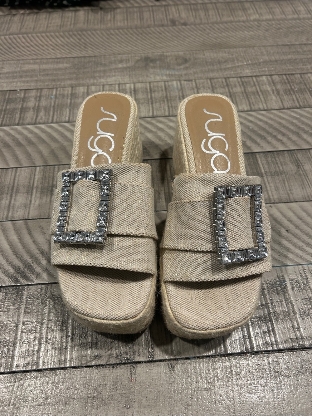 Sugar Beige Canvas Espadrille Wedge Slides with Crystal Buckles